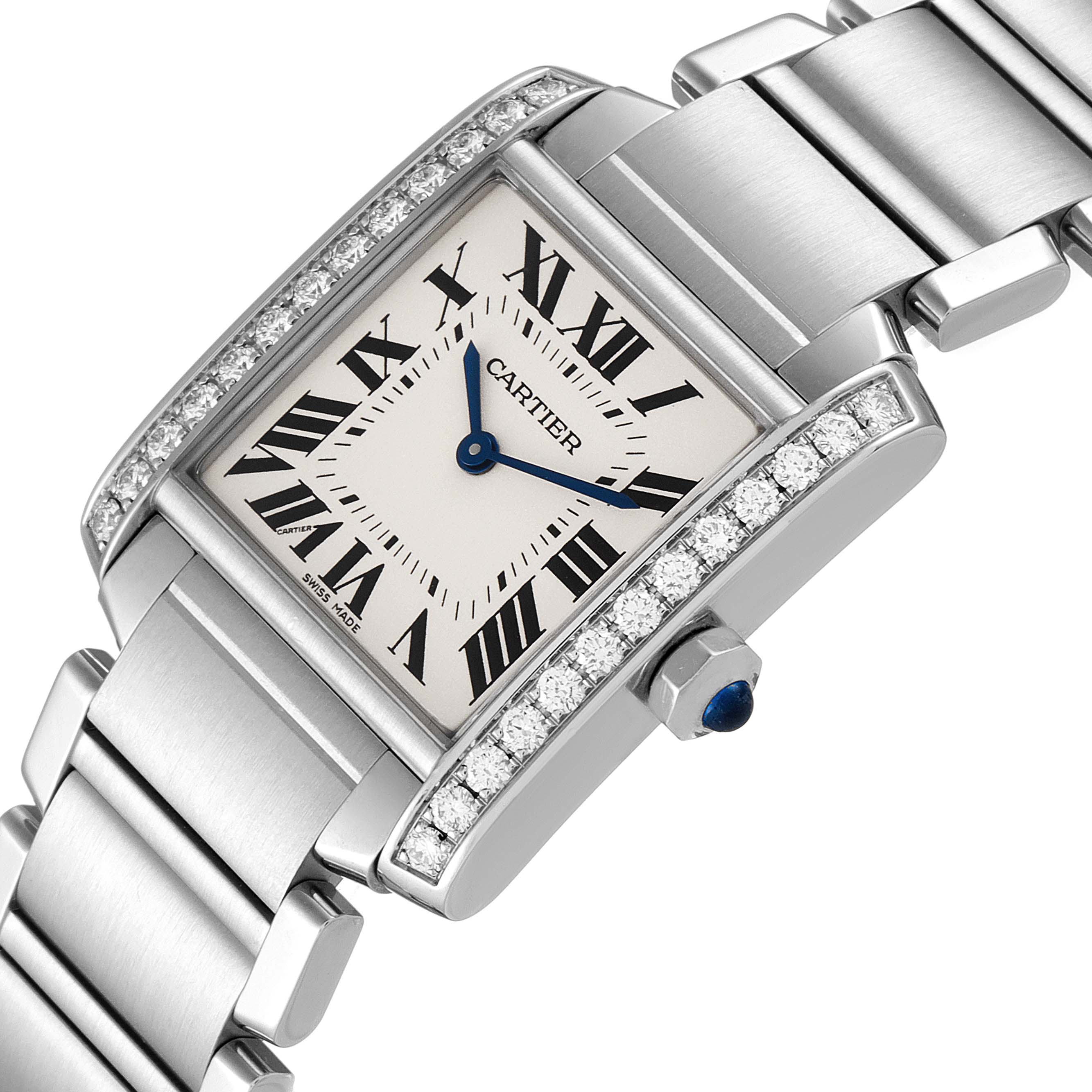 The image shows a close-up angle of the Cartier Tank Francaise W4TA0009 Women's Stainless Steel Silver Dial W4TA0009 Women's Stainless Steel Silver Dial watch face, bezel with diamonds, and part of the bracelet.