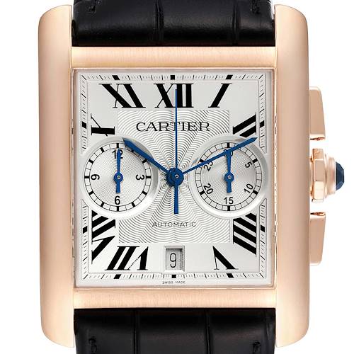 The image shows a Cartier Tank MC W5330005 Men's Rose Gold Silver Dial W5330005 Men's Rose Gold Silver Dial watch from the front, highlighting the face, hands, subdials, and date window.