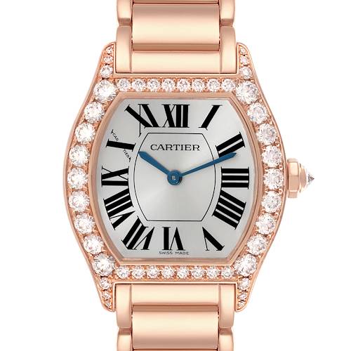 The Cartier Tortue 66195 Women's Rose Gold Silver Dial 66195 Women's Rose Gold Silver Dial watch is shown from a front angle, highlighting the face, bezel, and part of the bracelet.