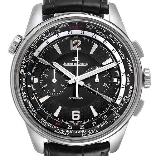 The image shows a front view of the Jaeger LeCoultre Polaris Q905T470 Men's Titanium Black Dial Q905T470 Men's Titanium Black Dial watch, featuring the dial, chrono dials, and world cities bezel.