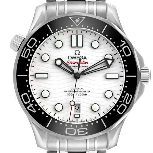 The Omega Seamaster 210.30.42.20.04.001 Men's Stainless Steel White Dial 210.30.42.20.04.001 Men's Stainless Steel White Dial watch is shown from a front angle, displaying the face, dial, bezel, and part of the bracelet.