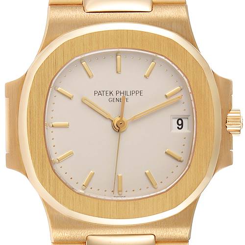 The image shows a front view of the Patek Philippe Nautilus 3800 Men's Yellow Gold White Dial 3800 Men's Yellow Gold White Dial watch highlighting the face, hands, crown, and part of the bracelet.