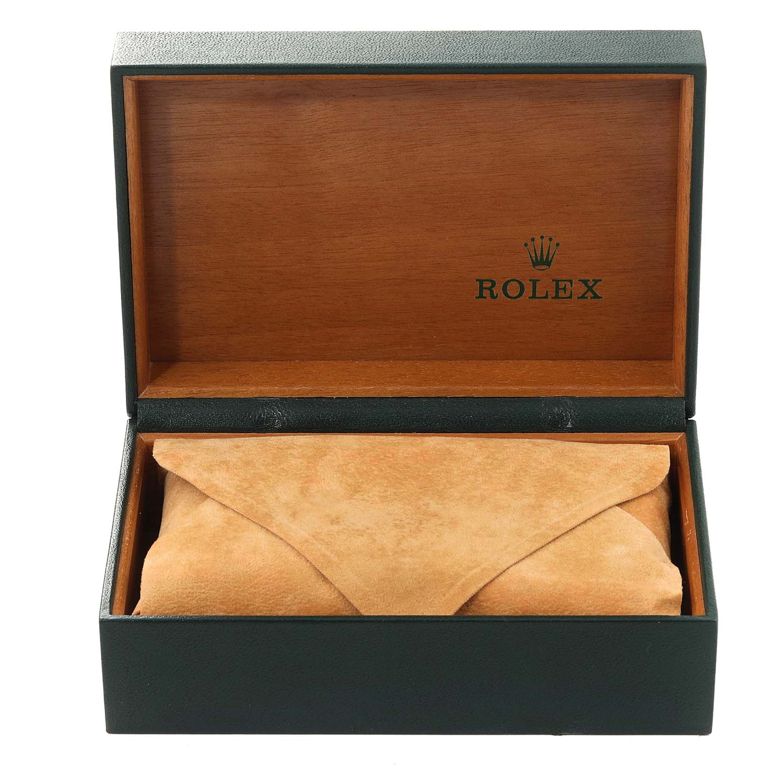 The image shows an open Rolex box for the Date model watch, displaying its interior and a suede pouch.