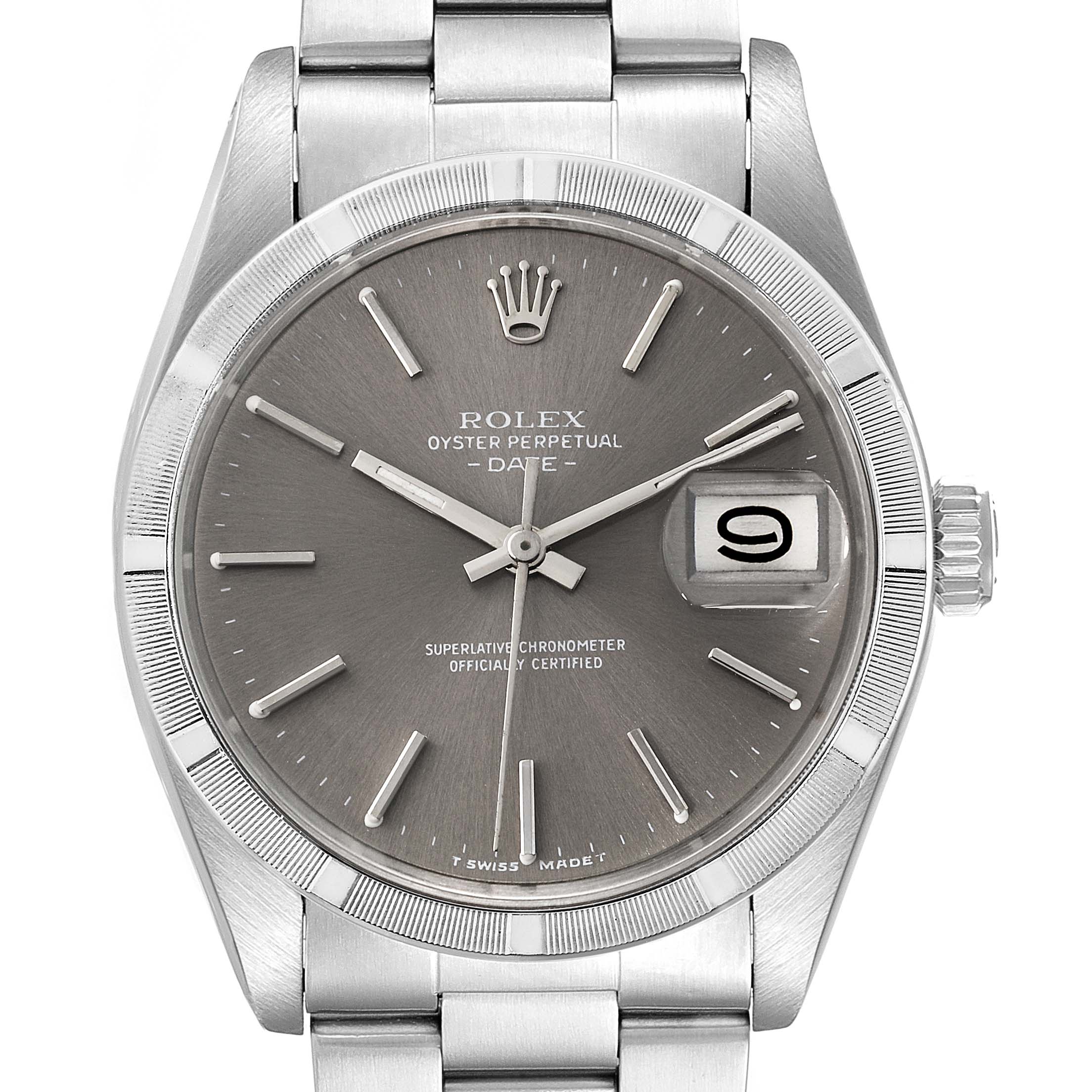 This image shows a front view of a Rolex Date 1501 Men's Stainless Steel Grey Dial 1501 Men's Stainless Steel Grey Dial model watch, highlighting the dial, bezel, hands, crown, and part of the bracelet.