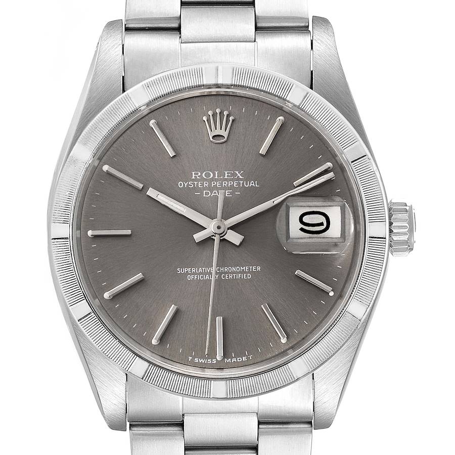 This image shows a front view of a Rolex Date 1501 Men's Stainless Steel Grey Dial 1501 Men's Stainless Steel Grey Dial model watch, highlighting the dial, bezel, hands, crown, and part of the bracelet.