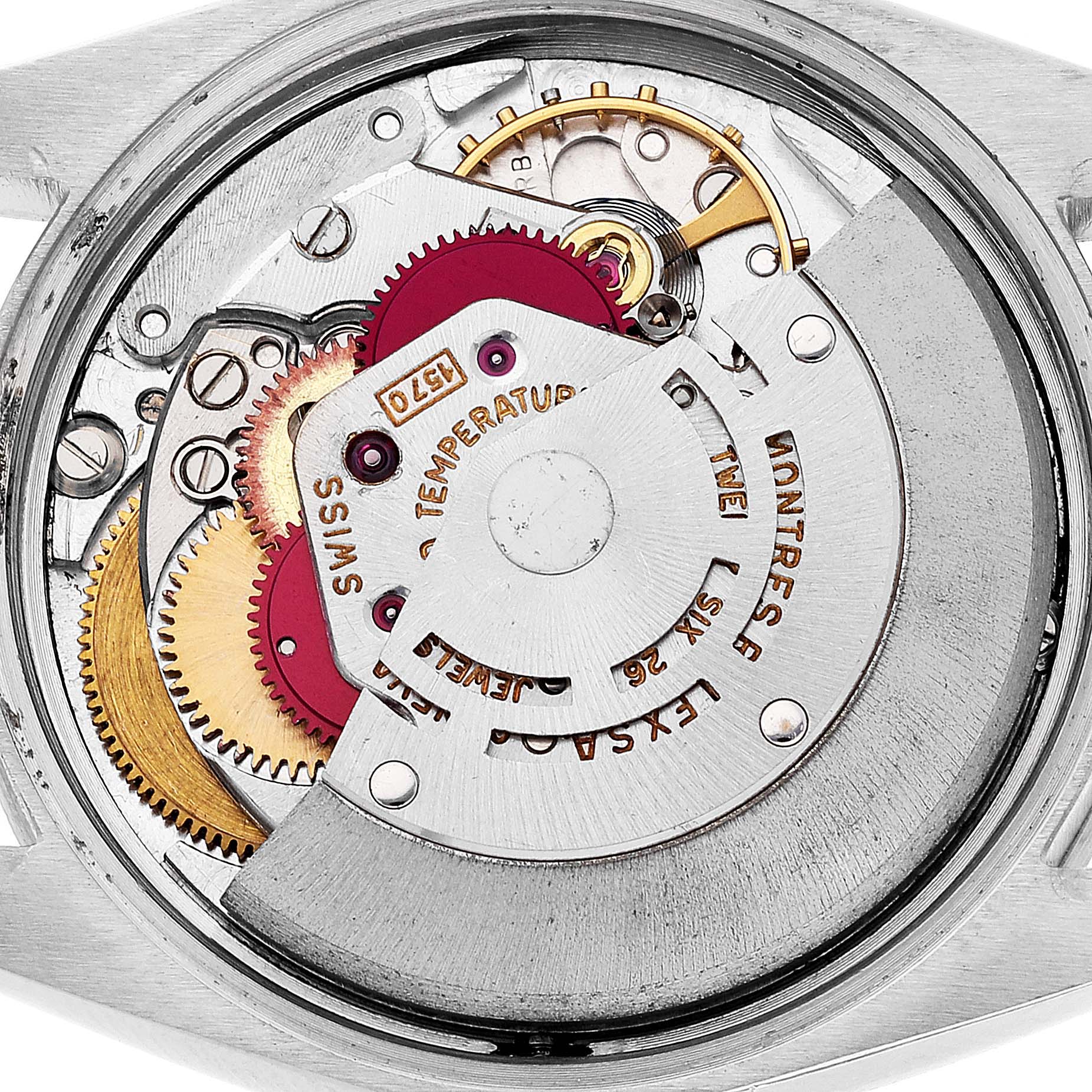 This image shows the internal mechanism and movement parts of the Rolex Date 1501 Men's Stainless Steel Grey Dial 1501 Men's Stainless Steel Grey Dial model watch from a close-up, top-down angle.