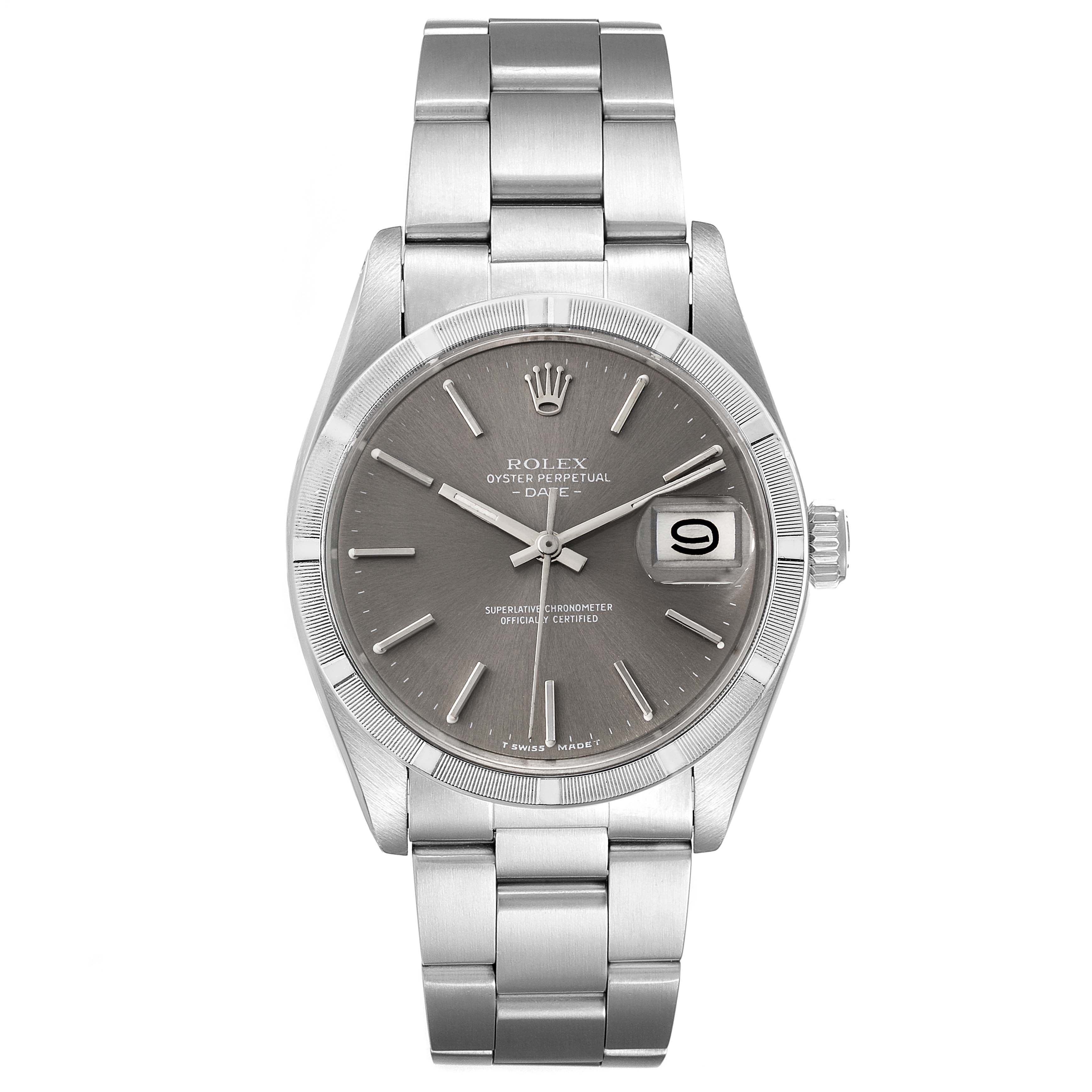 The image shows a front view of the Rolex Date 1501 Men's Stainless Steel Grey Dial 1501 Men's Stainless Steel Grey Dial model watch, highlighting its dial, bezel, bracelet, and date window.