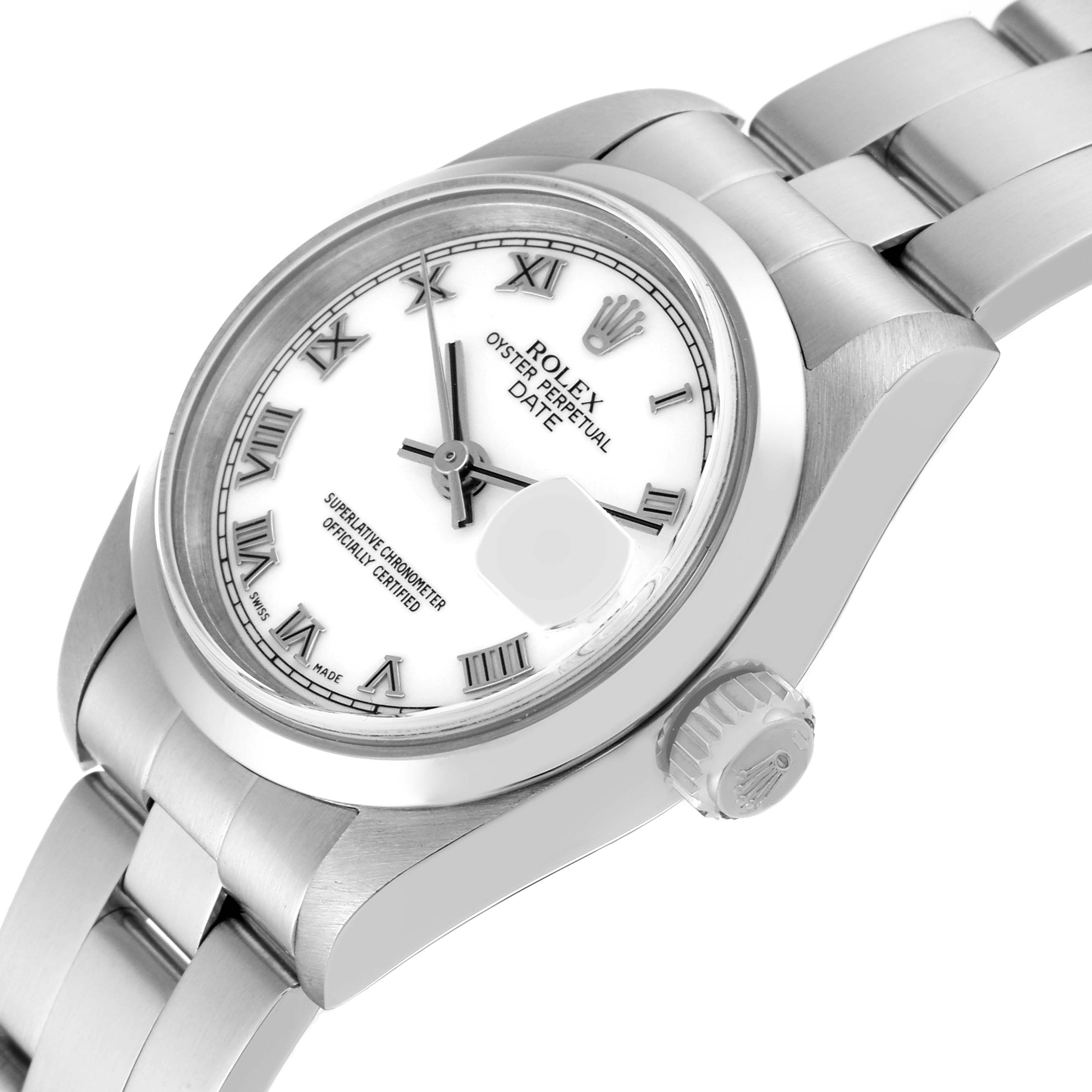 The image shows a close-up, angled view of a Rolex Date 79160 Women's Stainless Steel White Dial 79160 Women's Stainless Steel White Dial model watch, displaying the face, crown, and part of the bracelet.