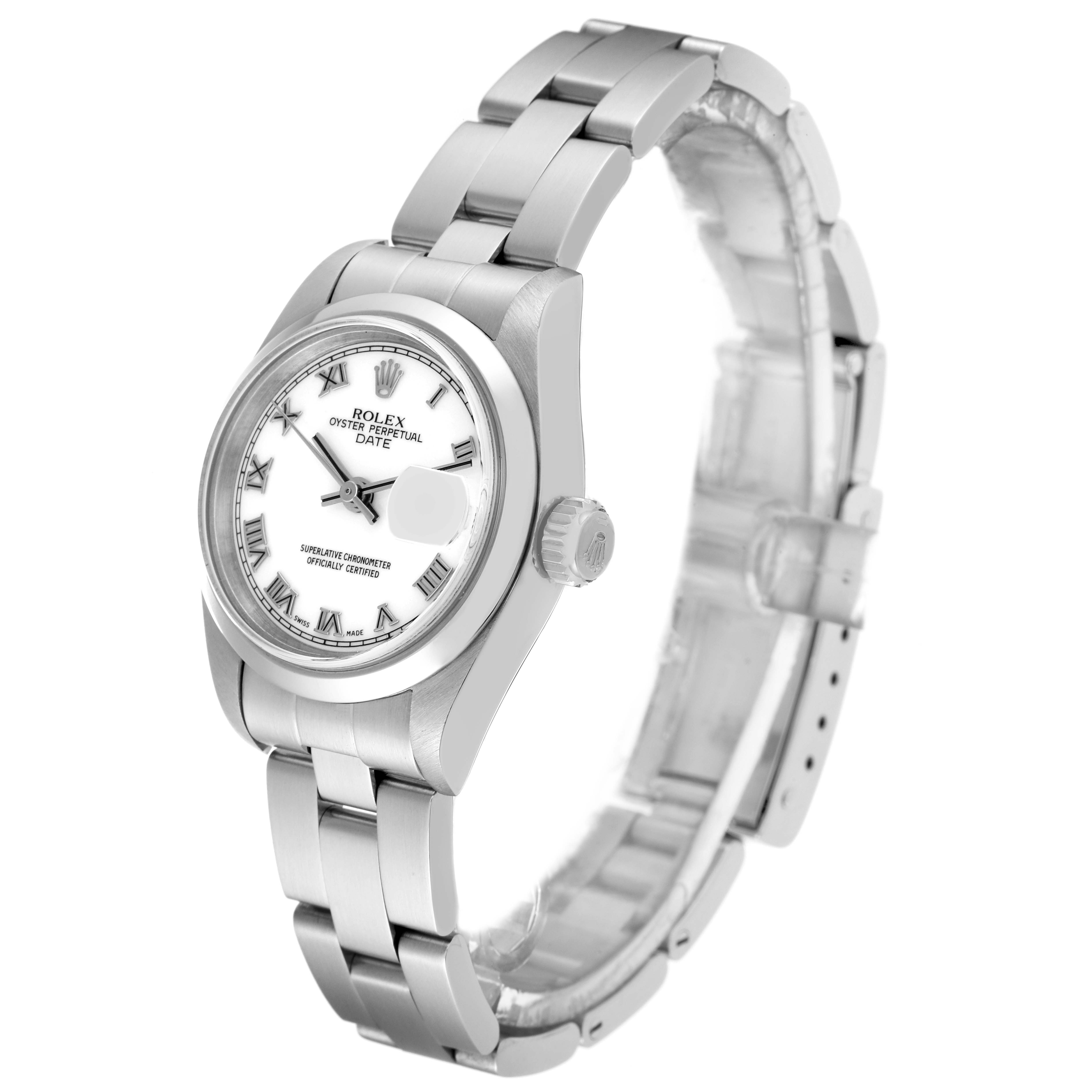 The image shows a side angle view of a Rolex Date 79160 Women's Stainless Steel White Dial 79160 Women's Stainless Steel White Dial model watch, highlighting the face, bracelet, and crown.