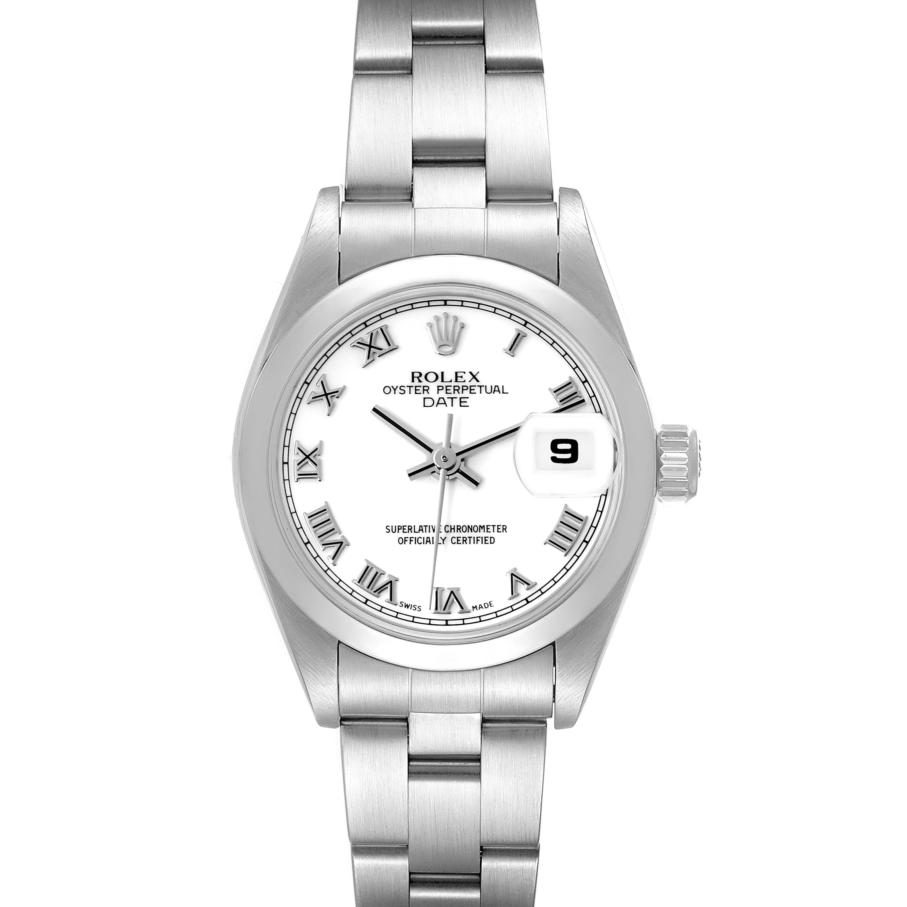The Rolex Oyster Perpetual Date watch is shown from a top-down angle, displaying the dial, bracelet, and crown.