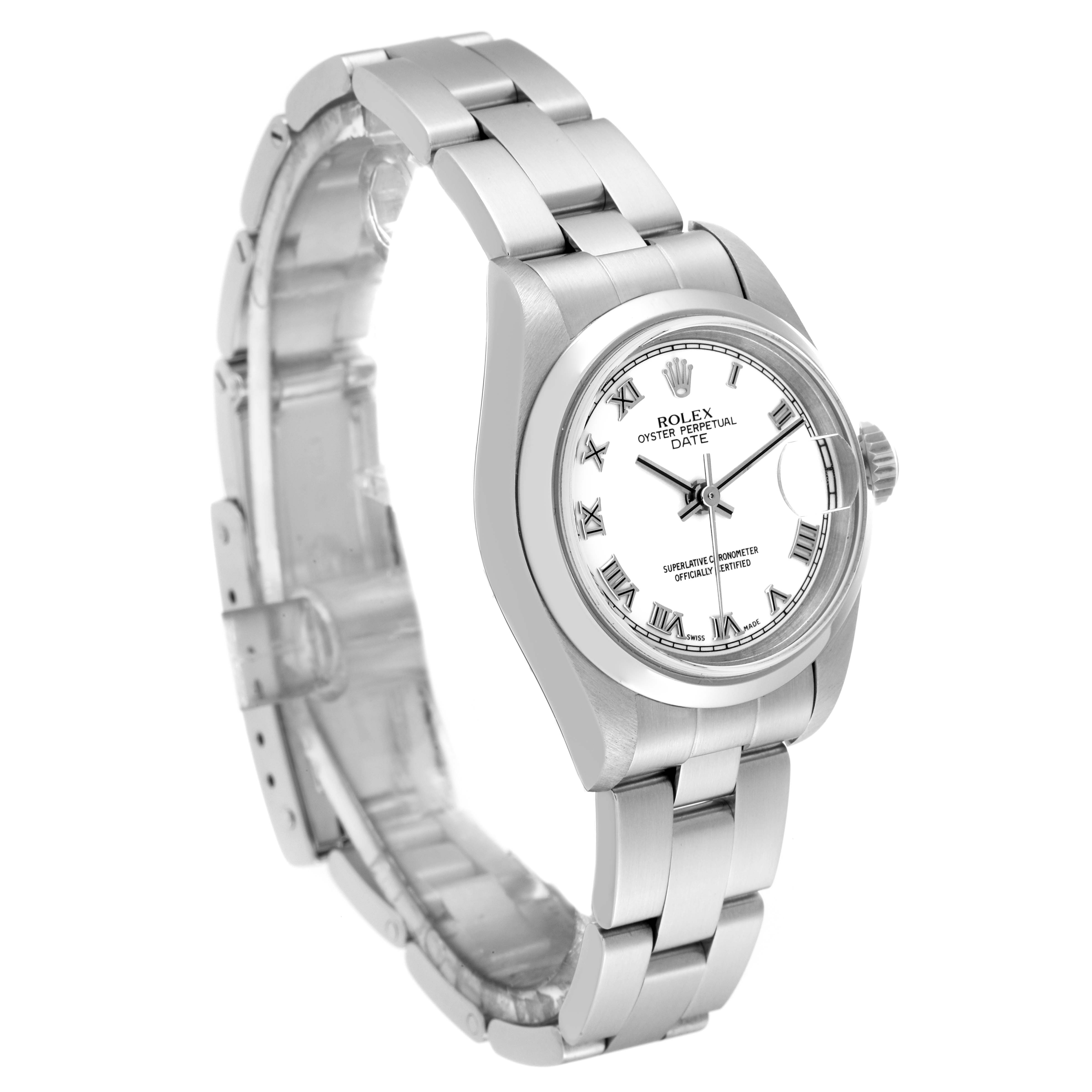 This image shows a Rolex Date 79160 Women's Stainless Steel White Dial 79160 Women's Stainless Steel White Dial model watch from a side angle, highlighting the dial, bracelet, and clasp.