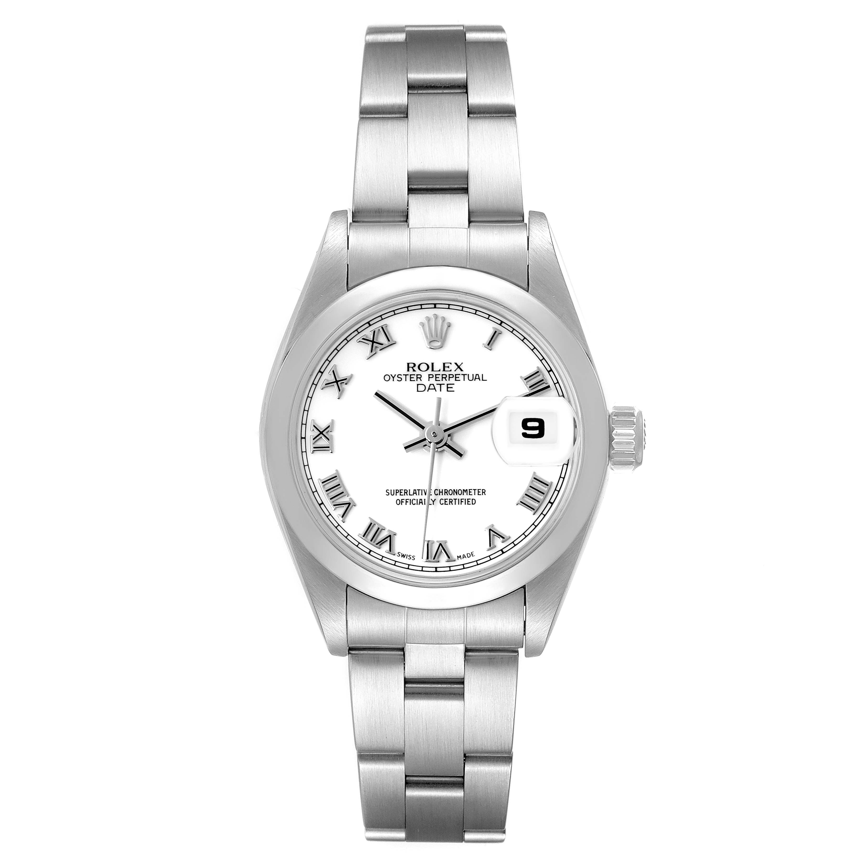 This image shows a front view of the Rolex Oyster Perpetual Date watch, highlighting its bracelet, case, dial, and date window.
