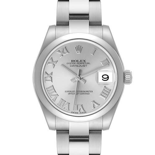 This Rolex Mid-Size 178240 Women's Stainless Steel Silver Dial 178240 Women's Stainless Steel Silver Dial Datejust watch is shown from a front angle, highlighting its entire face and bracelet.