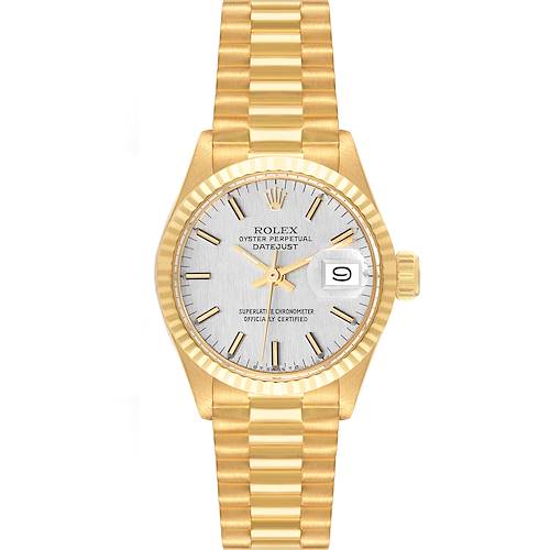 This image shows the Rolex President 6917 Women's Yellow Gold Silver Dial 6917 Women's Yellow Gold Silver Dial Datejust watch from a top-down angle, displaying its bracelet, dial, hands, and date window.
