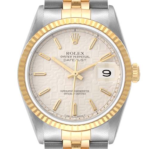 The image shows a front view of a Rolex Datejust 16233 Men's Steel and Gold (two tone) Beige Dial 16233 Men's Steel and Gold (two tone) Beige Dial watch, highlighting its dial, bezel, crown, and part of the bracelet.