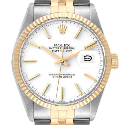 The image shows a Rolex Vintage Collection 16013 Men's Steel and Gold (two tone) White Dial 16013 Men's Steel and Gold (two tone) White Dial Datejust watch from a front angle, highlighting the dial, hands, bezel, and part of the band.