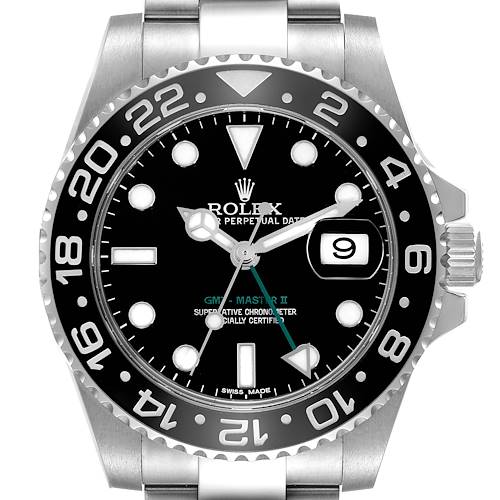 The Rolex GMT-Master 116710 Men's Stainless Steel Black Dial 116710 Men's Stainless Steel Black Dial watch is shown from the front, highlighting the dial, bezel, and crown.
