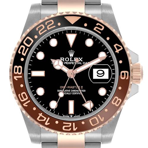 The Rolex GMT-Master 126711 Men's Steel and Gold (two tone) Black Dial 126711 Men's Steel and Gold (two tone) Black Dial II watch is shown from the front, highlighting the bezel, dial, hands, and crown.