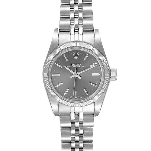 The image shows a front view of the Rolex Oyster Perpetual 67230 Women's Stainless Steel Grey Dial 67230 Women's Stainless Steel Grey Dial watch, displaying its dial, bezel, case, and bracelet.