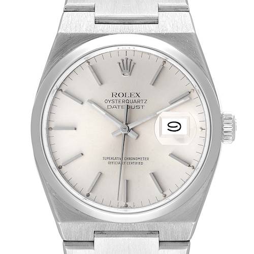 This Rolex Oysterquartz 17000 Men's Stainless Steel Silver Dial 17000 Men's Stainless Steel Silver Dial watch is shown from a front angle, displaying its dial, hands, crown, and bracelet.