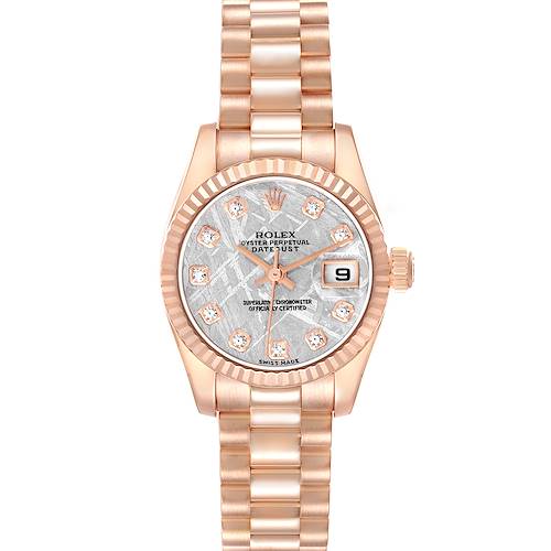 The Rolex President 179175 Women's Rose Gold Silver Dial 179175 Women's Rose Gold Silver Dial model is shown from a front-facing angle, highlighting the face, bezel, and bracelet.