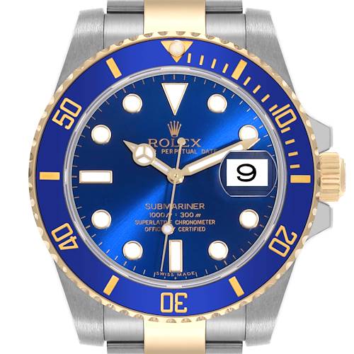 The Rolex Submariner 116613 Men's Steel and Gold (two tone) Blue Dial 116613 Men's Steel and Gold (two tone) Blue Dial watch is shown from a front angle, highlighting the dial, bezel, and part of the bracelet.