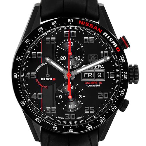 The image shows a close-up, front view of the Tag Heuer Carrera CV2A82.FC6237 Men's Titanium Black Dial CV2A82.FC6237 Men's Titanium Black Dial model watch, highlighting the dial and chronograph features.