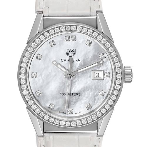 The image shows a front view of the Tag Heuer Carrera WBG1315.BA0758 Women's Stainless Steel Mother of Pearl Dial WBG1315.BA0758 Women's Stainless Steel Mother of Pearl Dial watch, featuring a diamond bezel, silver dial, and date display.