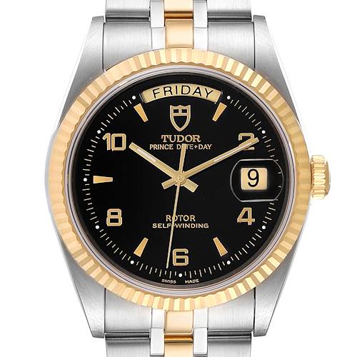 The image shows a front view of a Tudor Prince 76213 Men's Steel and Gold (two tone) Black Dial 76213 Men's Steel and Gold (two tone) Black Dial watch, displaying its black dial, day/date windows, and two-tone bracelet.