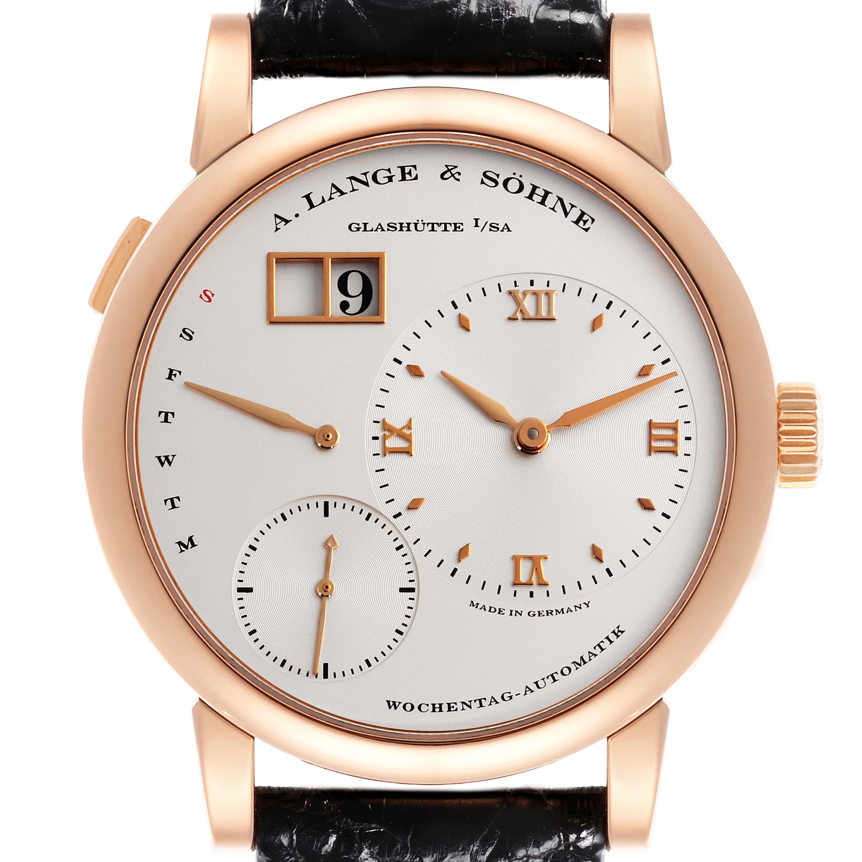 The Lange 1 by A. Lange & Söhne is shown from the front, displaying the dial, hands, subdials, and crown.