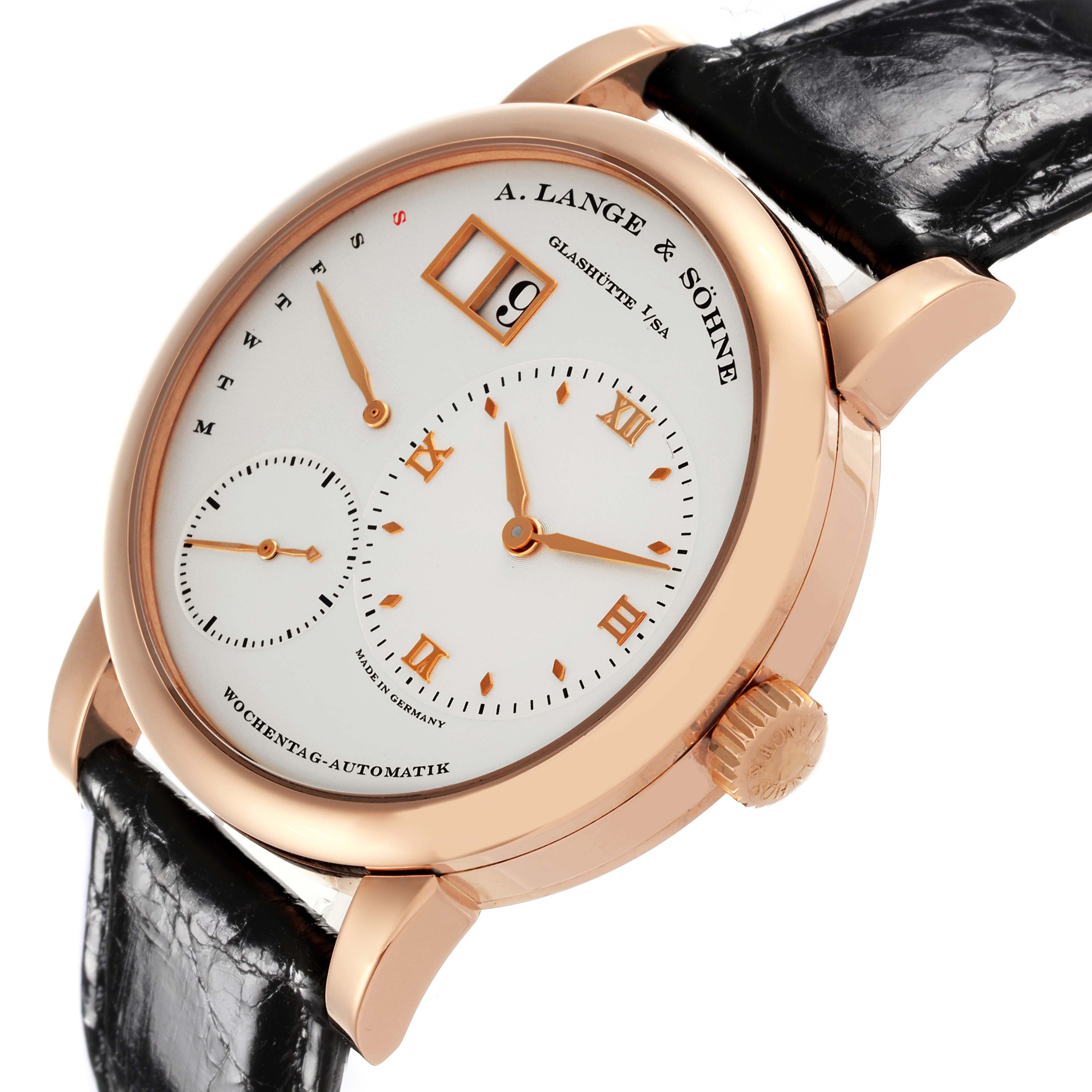 The A. Lange & Sohne Lange 1 320.032 Men's Rose Gold Silver Dial is shown from a side angle highlighting the watch face, case, crown, and leather strap.