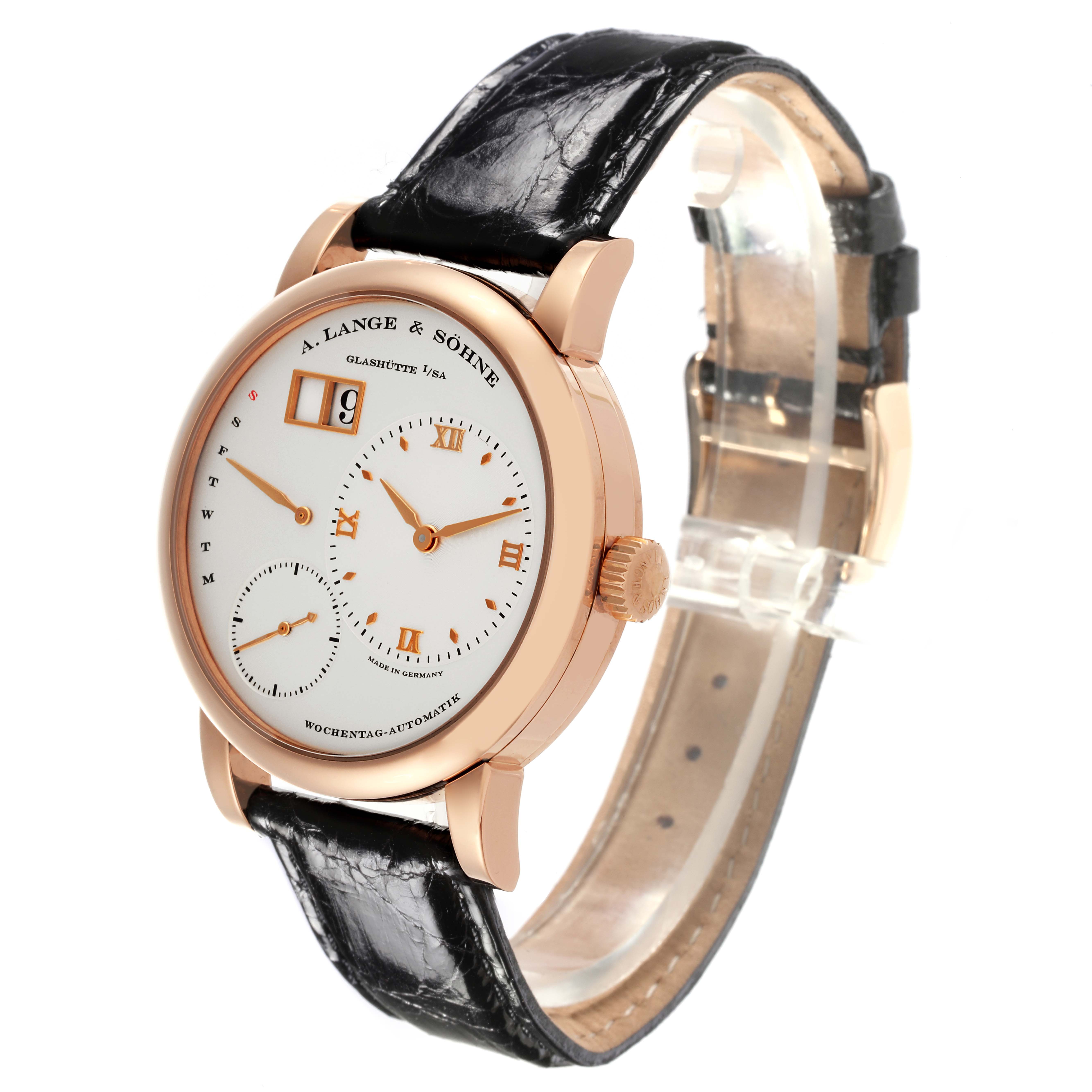 The A. Lange & Sohne Lange 1 320.032 Men's Rose Gold Silver Dial watch is shown at an angle highlighting the dial, crown, and leather strap.