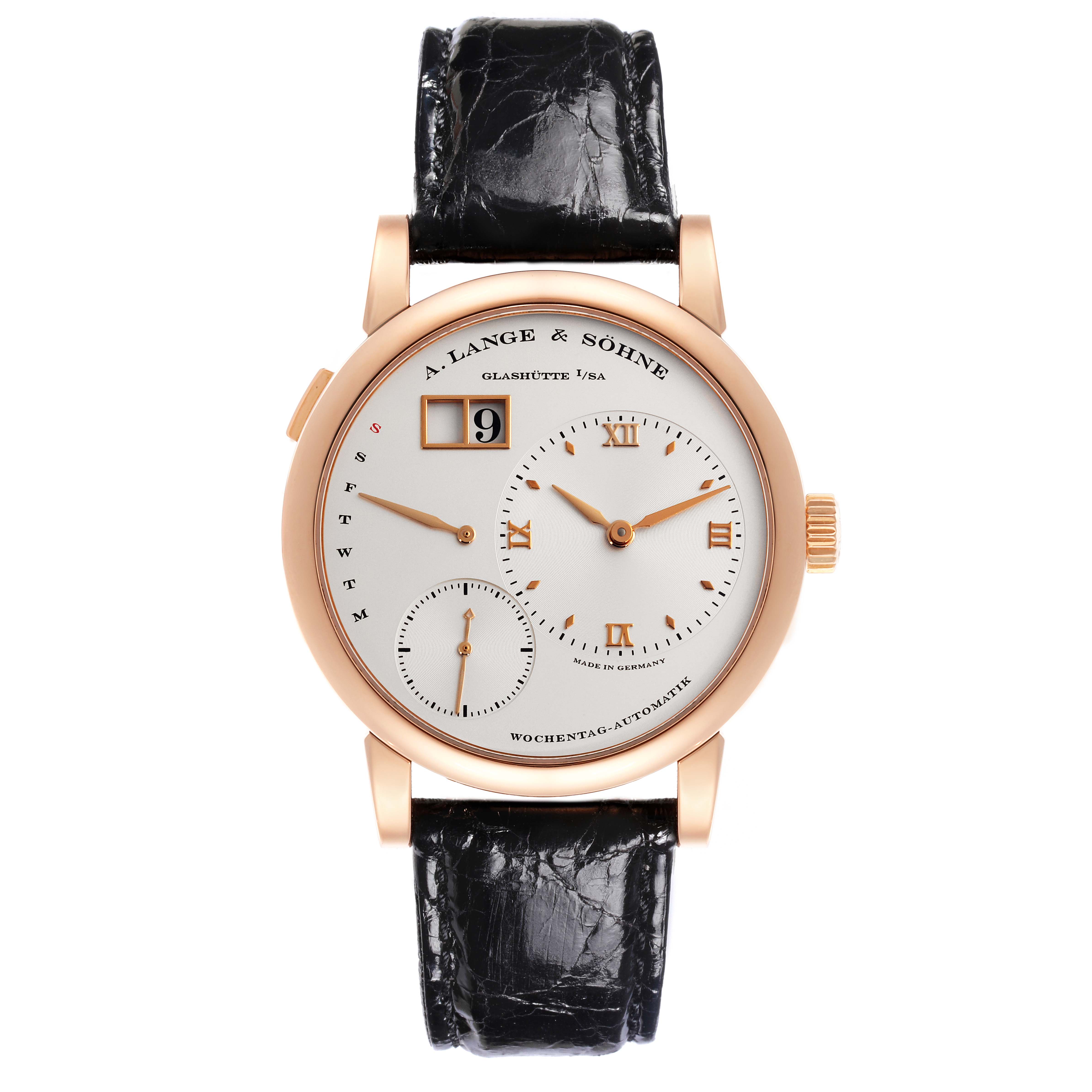 The A. Lange & Sohne Lange 1 320.032 Men's Rose Gold Silver Dial watch is shown from the front, displaying the dial, hands, and strap.