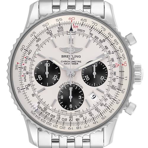 The Breitling Navitimer AB012012/G826 Men's Stainless Steel Silver Dial AB012012/G826 Men's Stainless Steel Silver Dial watch is shown from a front angle, displaying its face, bezel, and chronograph subdials.