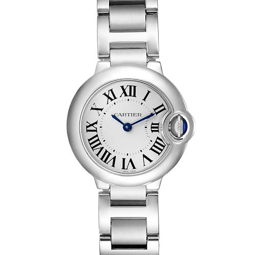 The image shows a top-down view of a Cartier Ballon Bleu W69010Z4 Women's Stainless Steel Silver Dial W69010Z4 Women's Stainless Steel Silver Dial watch, displaying its face, Roman numeral dial, and part of the bracelet.