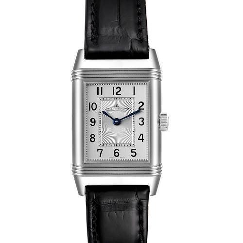 The image shows a Jaeger LeCoultre Reverso Q2668430 Women's Stainless Steel Silver Dial Q2668430 Women's Stainless Steel Silver Dial watch from a frontal angle, highlighting its rectangular dial and leather strap.