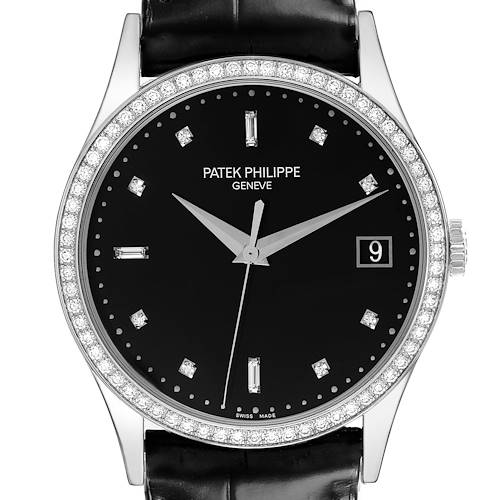 The image shows a front view of a Patek Philippe Calatrava 5297G-001 Men's White Gold Black Dial 5297G-001 Men's White Gold Black Dial, highlighting the dial, bezel, and strap.