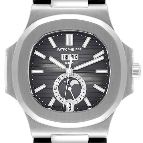 The Patek Philippe Nautilus 5726A-001 Men's Stainless Steel Black Dial 5726A-001 Men's Stainless Steel Black Dial watch is shown from a front angle, highlighting the face, bezel, and crown.