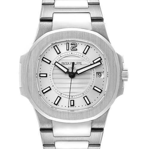 The image shows a frontal view of a Patek Philippe Nautilus 7011/1G-001 Women's White Gold Silver Dial 7011/1G-001 Women's White Gold Silver Dial watch, highlighting its face, hands, date window, and part of the bracelet.