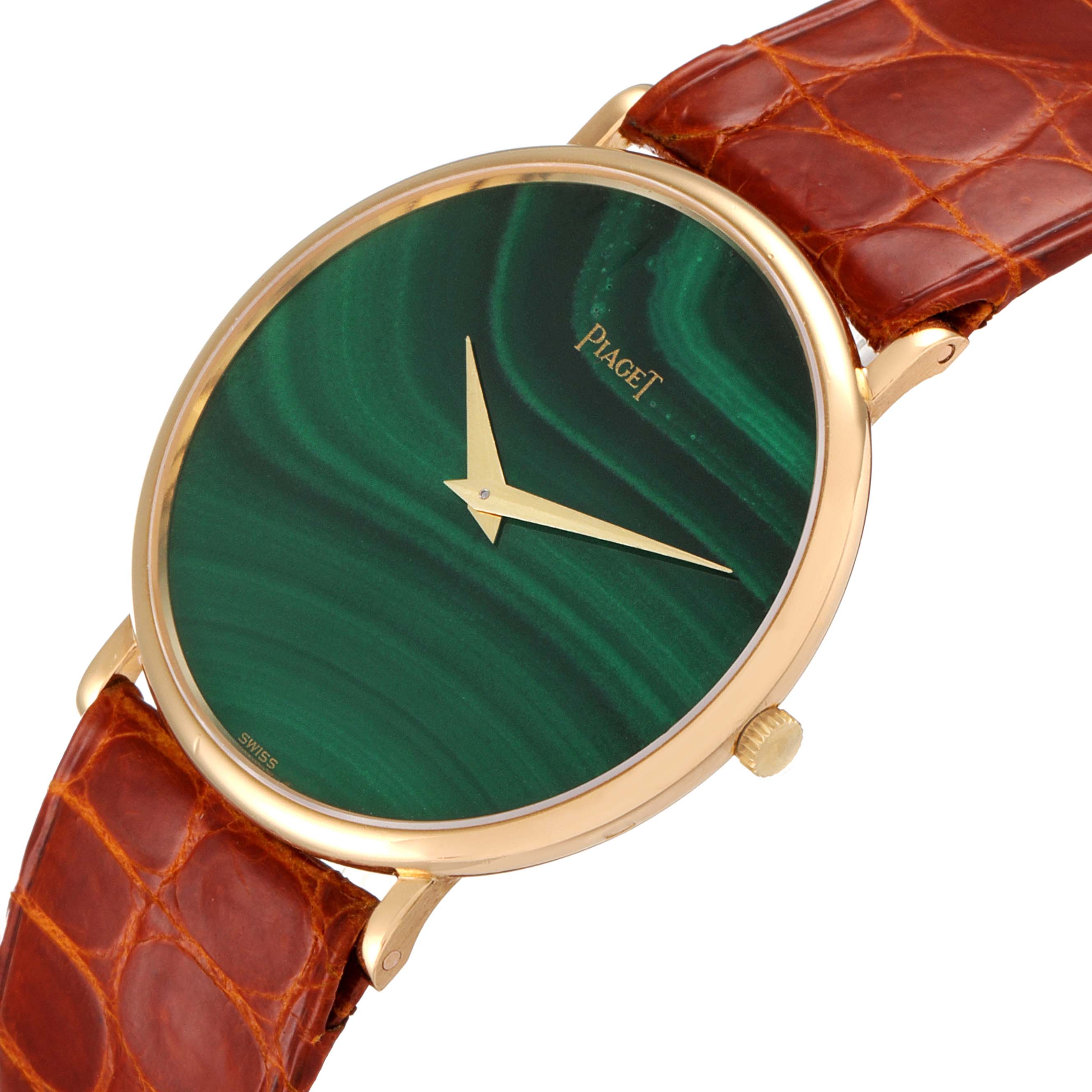 The image shows a Piaget 9035 Men's Yellow Gold Green Dial 9035 Men's Yellow Gold Green Dial 9035 Yellow Gold Malachite Stone Dial Vintage Men's Watch, angled slightly from the front and side, highlighting the green dial, gold case, and brown strap.