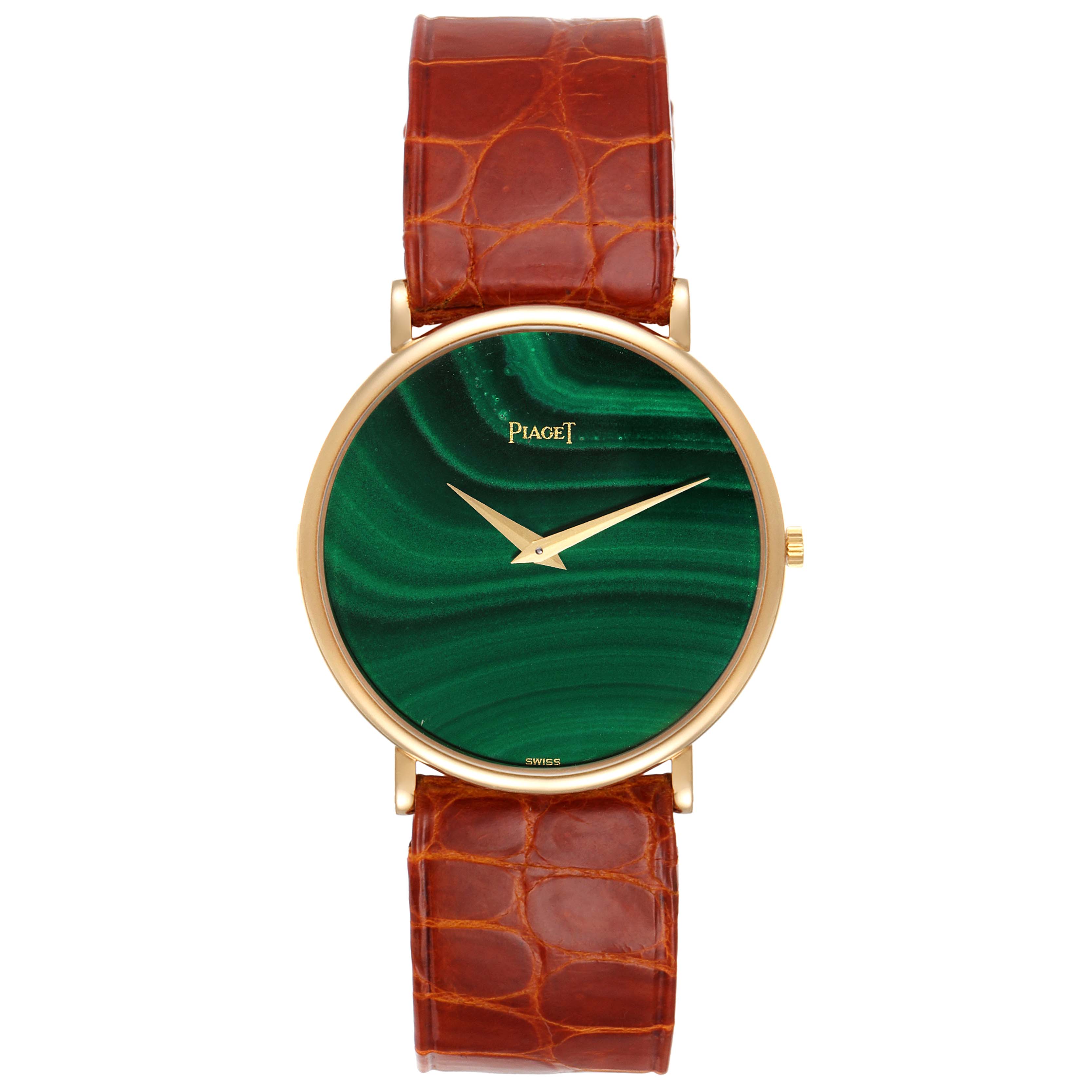 The image shows a front view of the Piaget 9035 Men's Yellow Gold Green Dial 9035 Men's Yellow Gold Green Dial 9035 Yellow Gold Malachite Stone Dial Vintage Mens Watch with a brown leather strap.