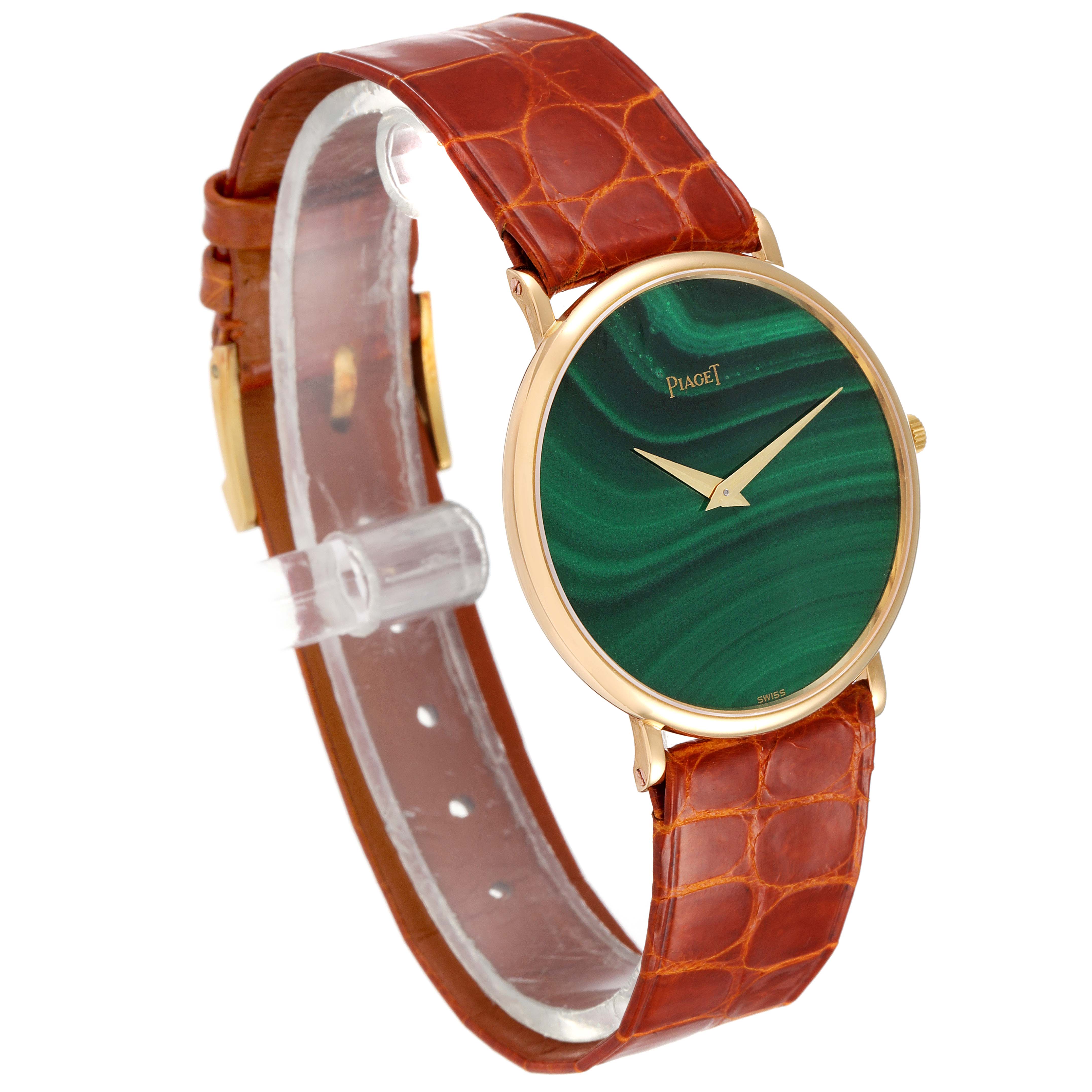 The Piaget 9035 Men's Yellow Gold Green Dial 9035 Men's Yellow Gold Green Dial 9035 Yellow Gold Malachite Stone Dial Vintage Men's Watch is shown at a slight angle, highlighting the dial and band.