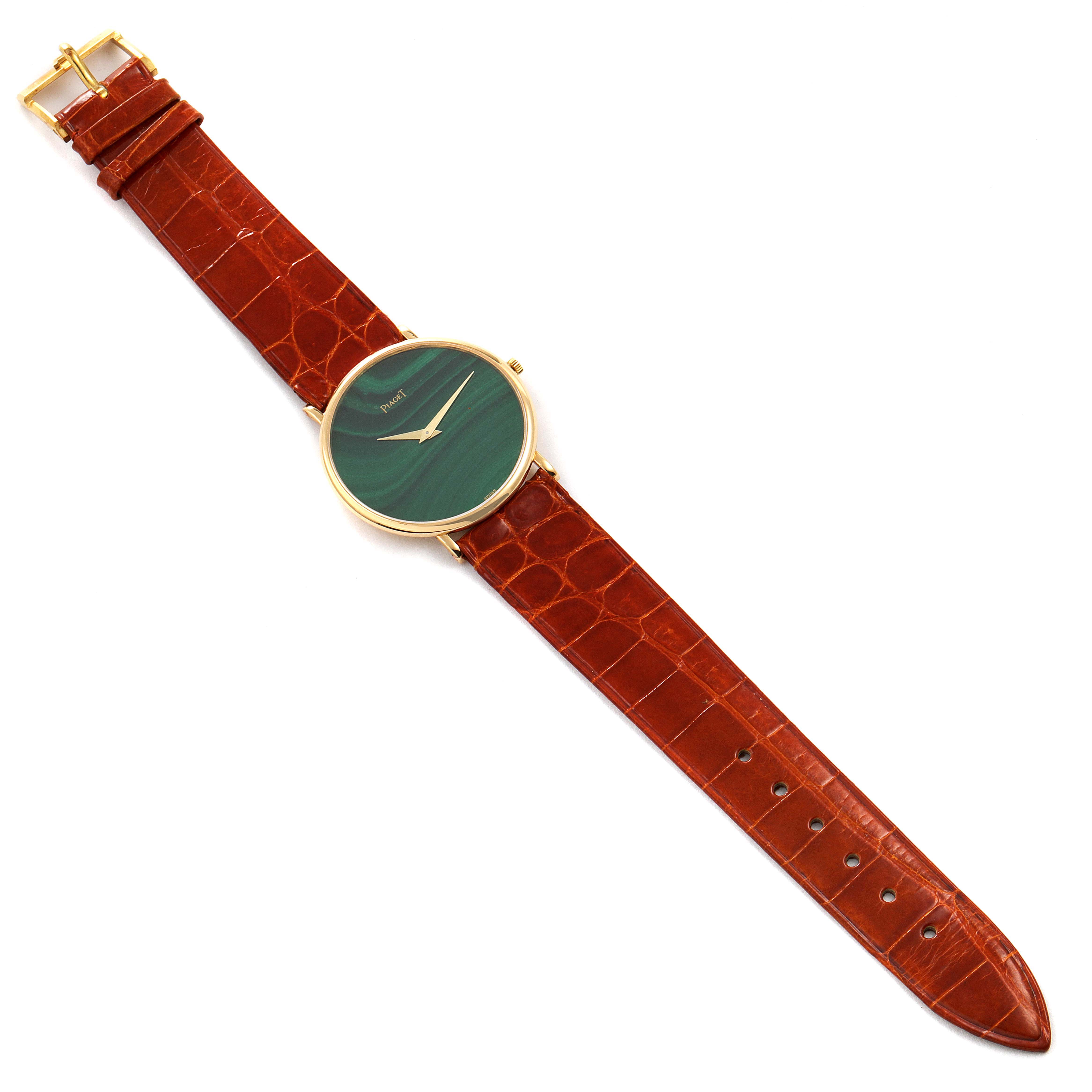 The image shows a Piaget 9035 Men's Yellow Gold Green Dial 9035 Men's Yellow Gold Green Dial 9035 Yellow Gold Malachite Stone Dial Vintage Men's Watch laid flat, displaying the face and brown leather strap.