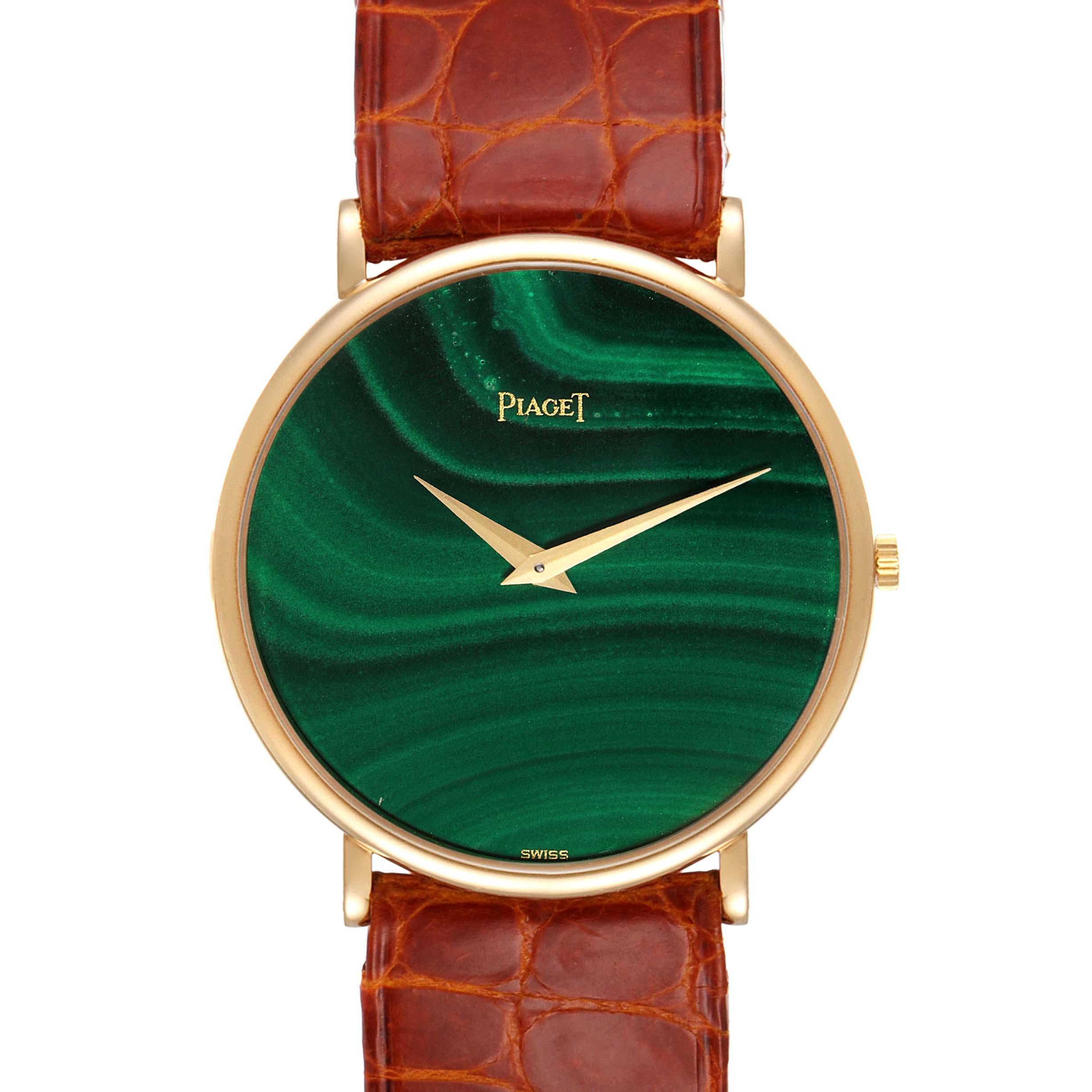 This image shows a frontal view of the Piaget 9035 Men's Yellow Gold Green Dial 9035 Men's Yellow Gold Green Dial Yellow Gold Malachite Stone Dial Vintage Mens Watch 9035 model, highlighting its dial, hands, and strap.