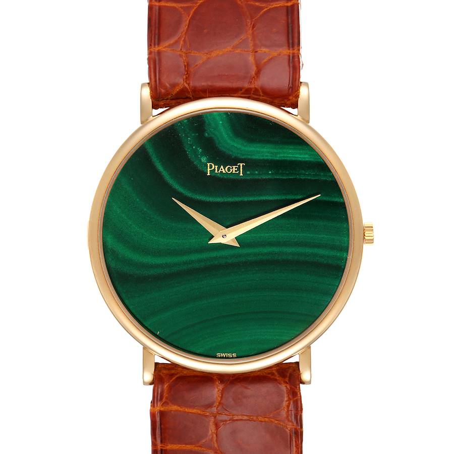 This image shows a frontal view of the Piaget 9035 Men's Yellow Gold Green Dial 9035 Men's Yellow Gold Green Dial Yellow Gold Malachite Stone Dial Vintage Mens Watch 9035 model, highlighting its dial, hands, and strap.