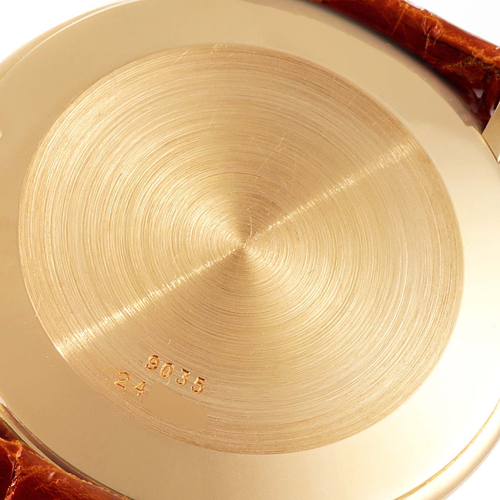 The image shows the backside of a Yellow Gold Malachite Stone Dial Vintage Mens Watch 9035 by Piaget 9035 Men's Yellow Gold Green Dial 9035 Men's Yellow Gold Green Dial, displaying the model number.