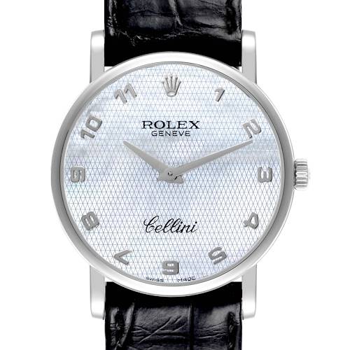 The Rolex Cellini 5115 Men's White Gold Mother of Pearl Dial 5115 Men's White Gold Mother of Pearl Dial watch is shown from the front, displaying its face, dial, hands, crown, and part of the leather strap.