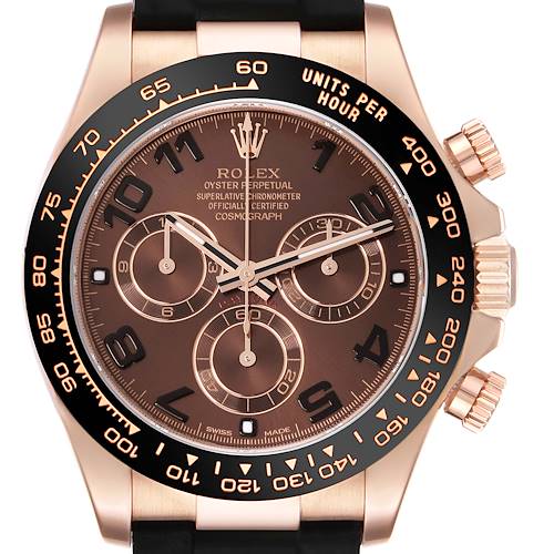 The image shows a frontal view of the Rolex Daytona 116515 Men's Rose Gold Brown Dial 116515 Men's Rose Gold Brown Dial watch, displaying the face, bezel, and chronograph dials.