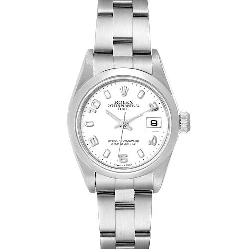 The Rolex Date 79160 Women's Stainless Steel White Dial 79160 Women's Stainless Steel White Dial model watch is shown from a front angle displaying the dial, bracelet, and date window.