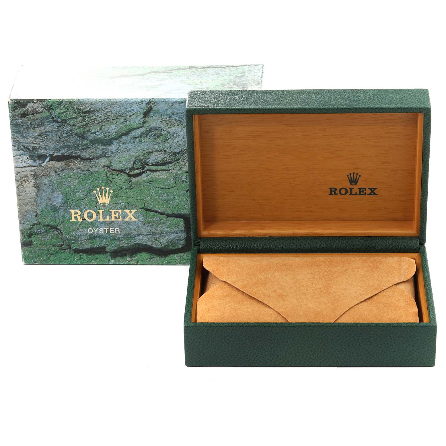 The image shows the packaging for a Rolex Date 15210 Men's Stainless Steel Black Dial 15210 Men's Stainless Steel Black Dial model watch, including an open green leather-textured box and outer green box.